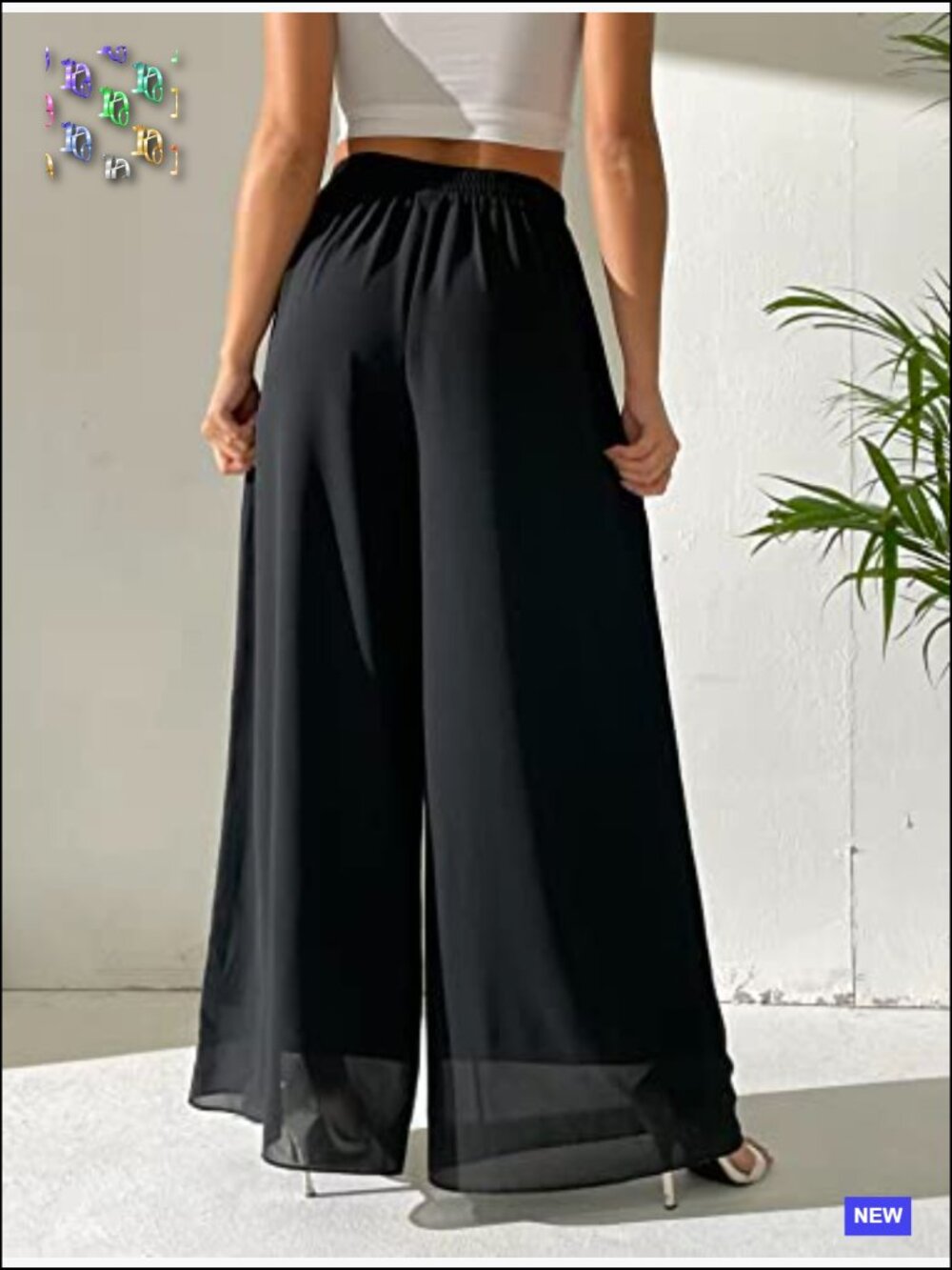 Wide Leg Palazzo Pants Elastic Waist Flowy Chiffon Trouser Loose Beach Summer - Picture 2 of 6